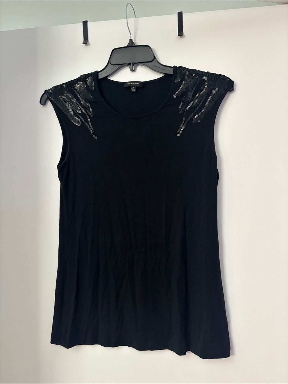 Saks Fifth Avenue Black Sleeveless Tank with Sequin-Embellished Shoulders
